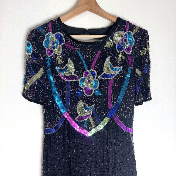 Vintage Swee Lo Dress Womens Small Black Sequin Beaded Cocktail Short Sleeve 90s - Picture 2 of 13